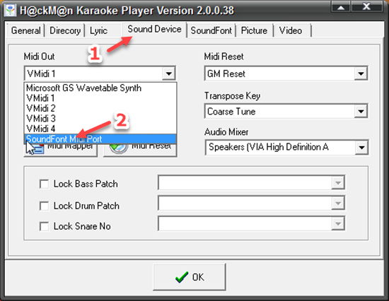 Sound Device ตรงช่อง Midi Out กดเลือก SoundFont Midi Port